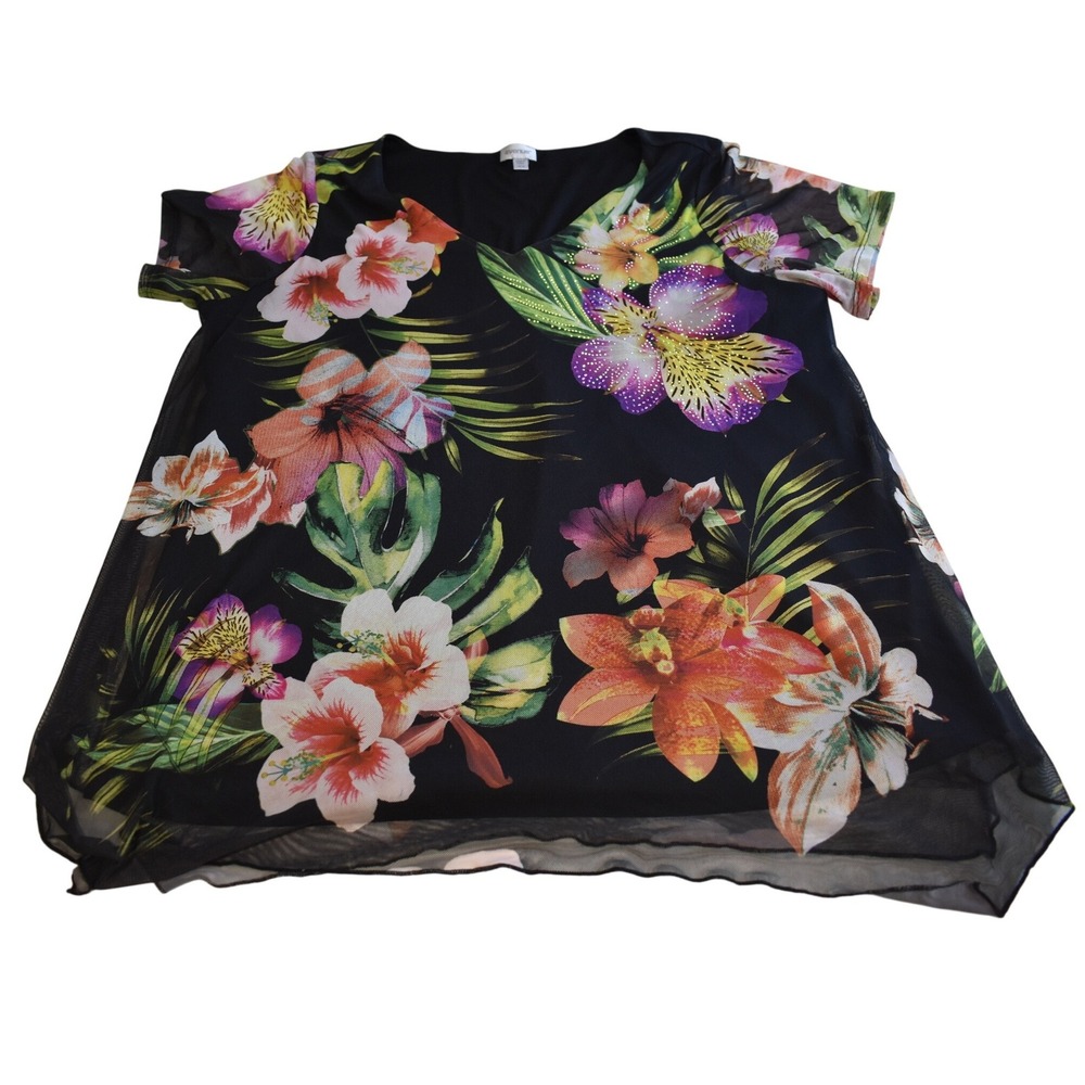 Avenue Tunic Top Women 14/16 Black Floral Excellent Rhinestone Mesh Layered